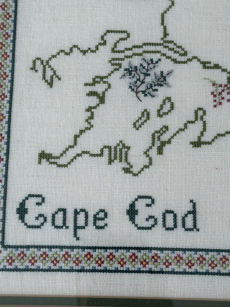 Vintage Framed Needlepoint Art Cape Cod Mass Embellished Map Signed Dated 1991