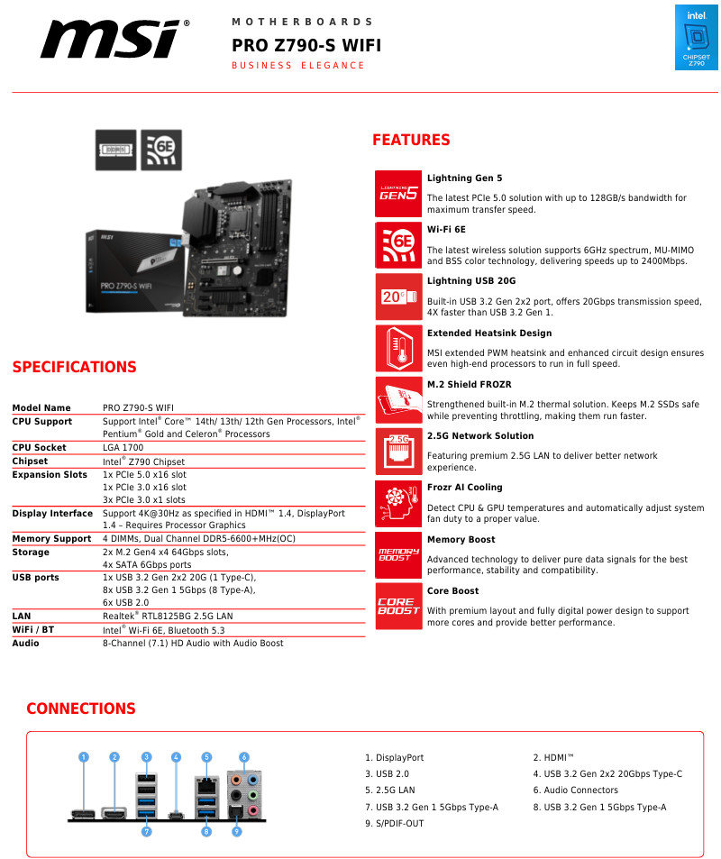 MSI PRO Z790-S WIFI LGA 1700 ATX DDR5 Wi-Fi 6E Motherboard, Intel i5-13400 COMBO
