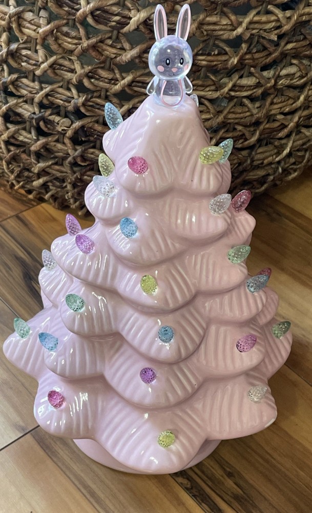 Eastern Christmas tree Pink Light Up Ceramic Bunny Tree working