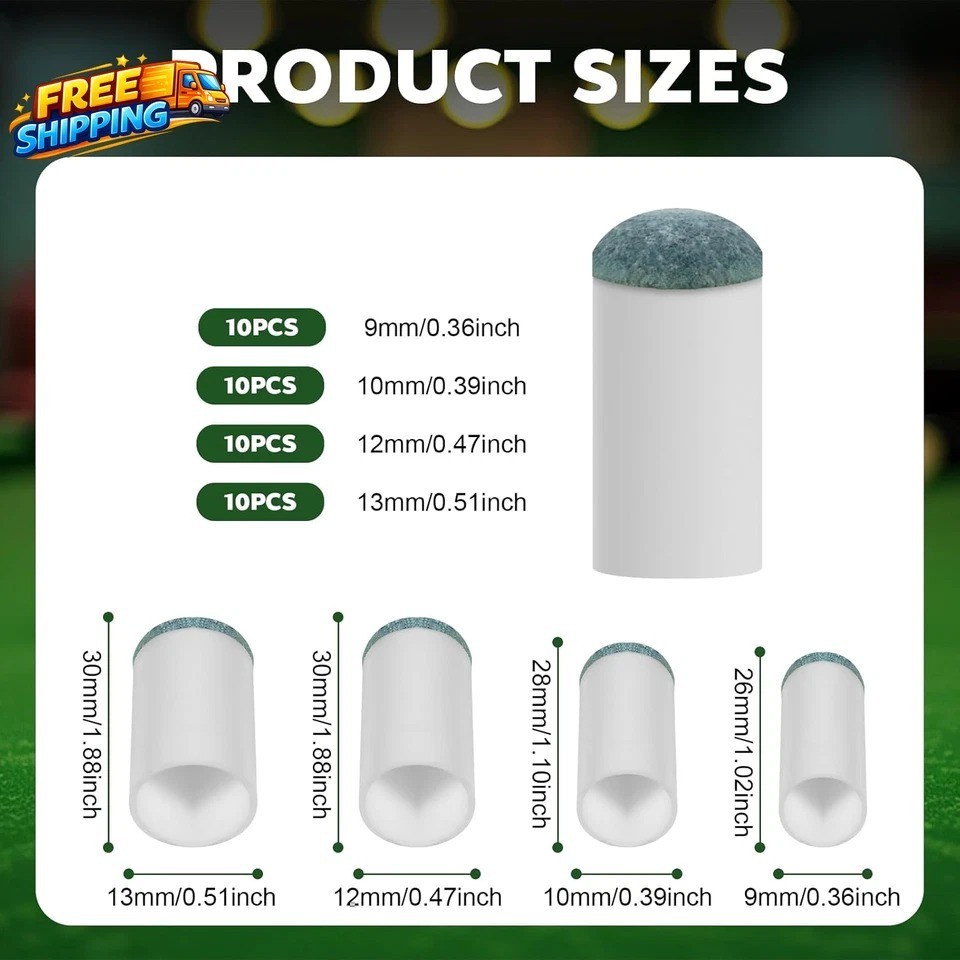 40Pcs Slip on Pool Cue Tips Replacement Kit 4 Sizes Upgrade Pool Stick Tips
