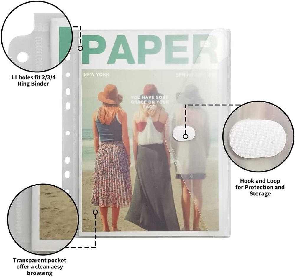 11.4" x 9.25 " 10 Pack Transparent 11 Hole Poly Binder with Hook Loop Closure