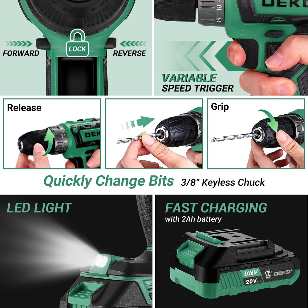 Green Drill Tool Kit Set: 20V Cordless Power Drill Tool Box with Battery Elec...