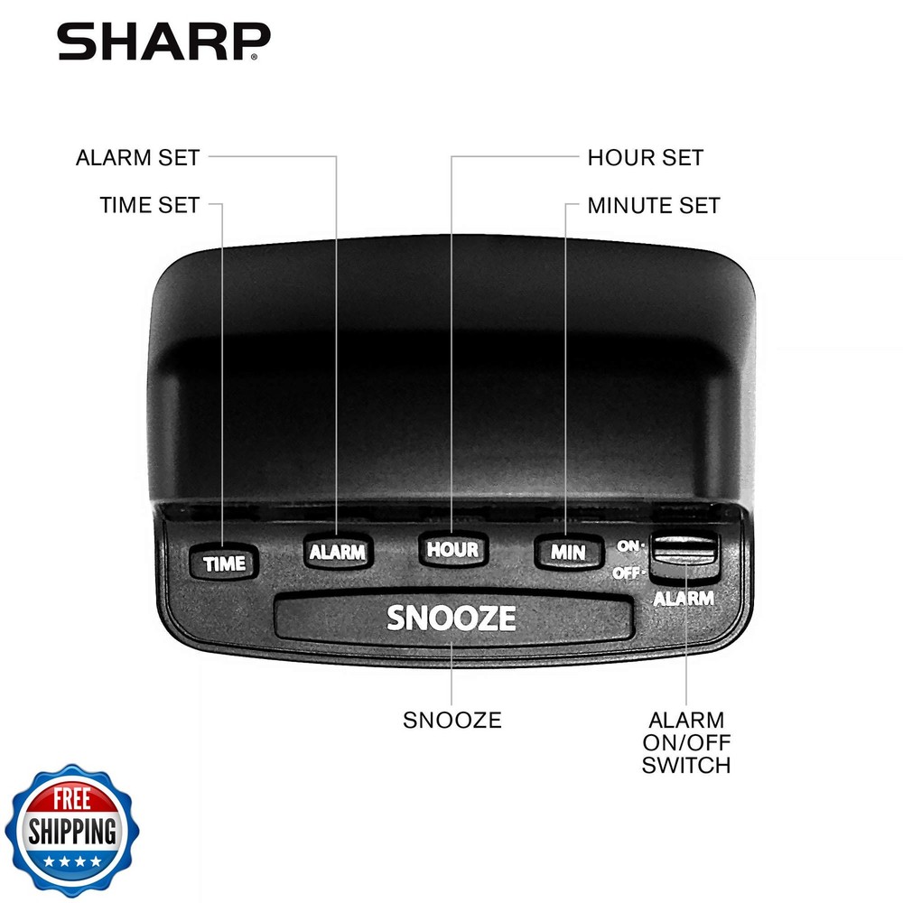 Sharp Digital Alarm Clock with Keyboard Style Controls, Battery Back-up, Easy