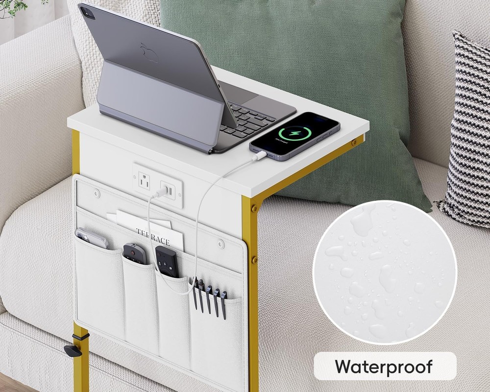 C Shaped End Table W/ Charging Station Adjustable Height Couch Sofa Side Table