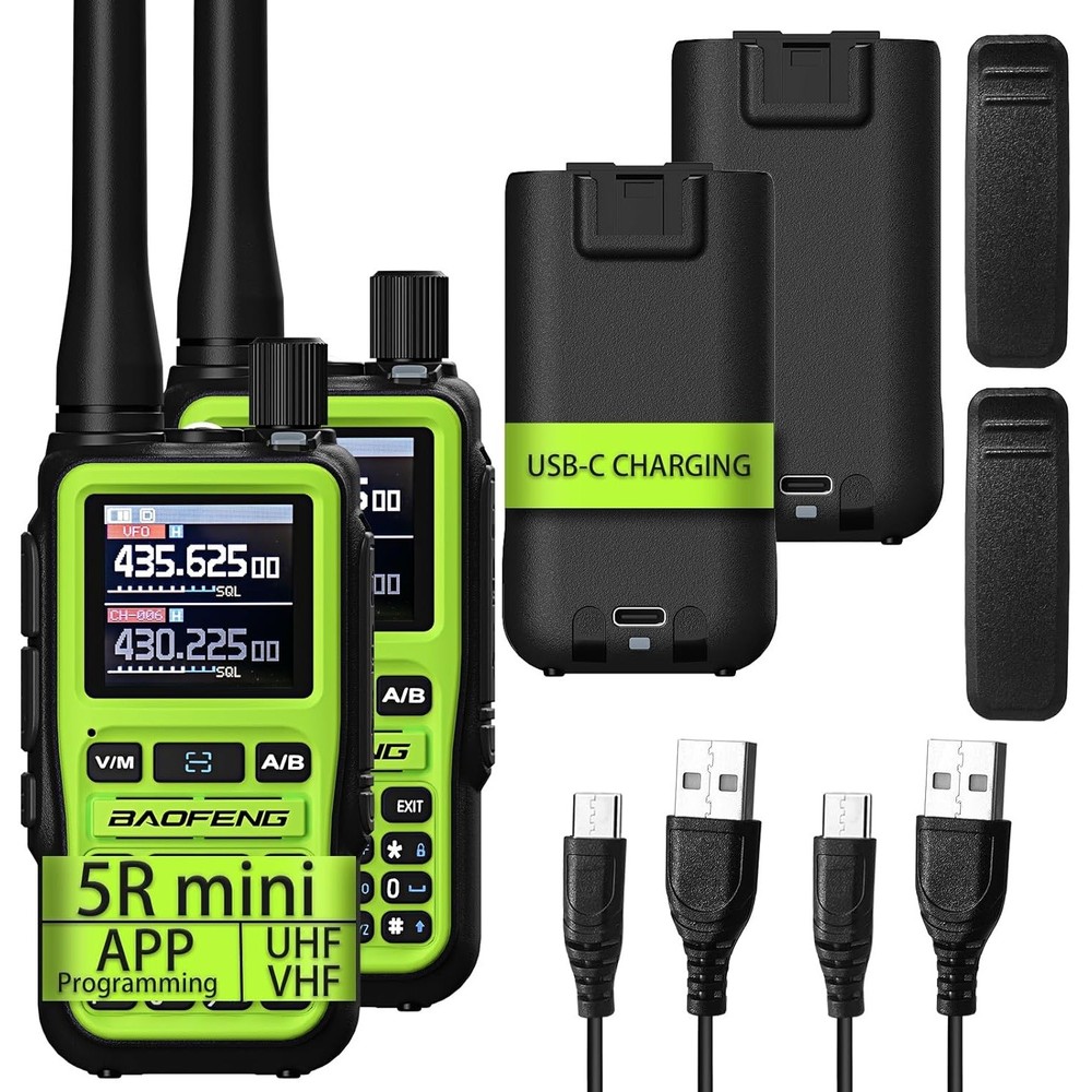 2x UV5R-Mini Ham Compact Radio Green Bluetooth App Program 999CH USB-C Charge