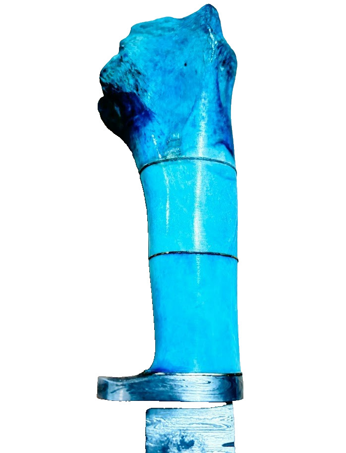 Blue Stag Bone Handle Damascus Fixed Blade Knife, Custom Made