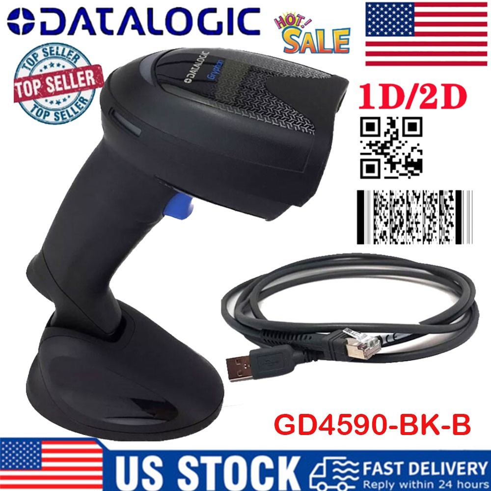 Datalogic 1D/2D Barcode Scanner Reader W/ Base Gryphon Handheld USB GD4590-BK-B