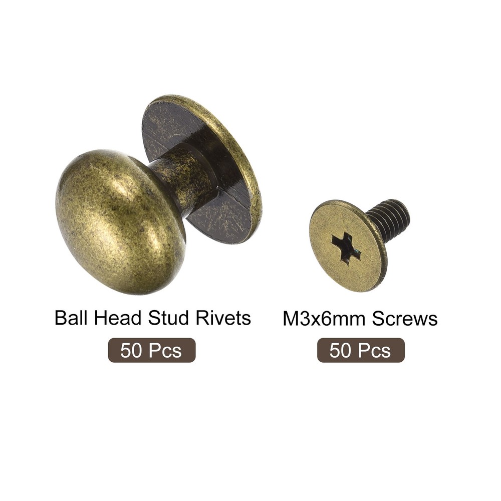 12mm Ball Head Stud Rivets Screw Back, 50Pack Round Head Button, Bronze Tone