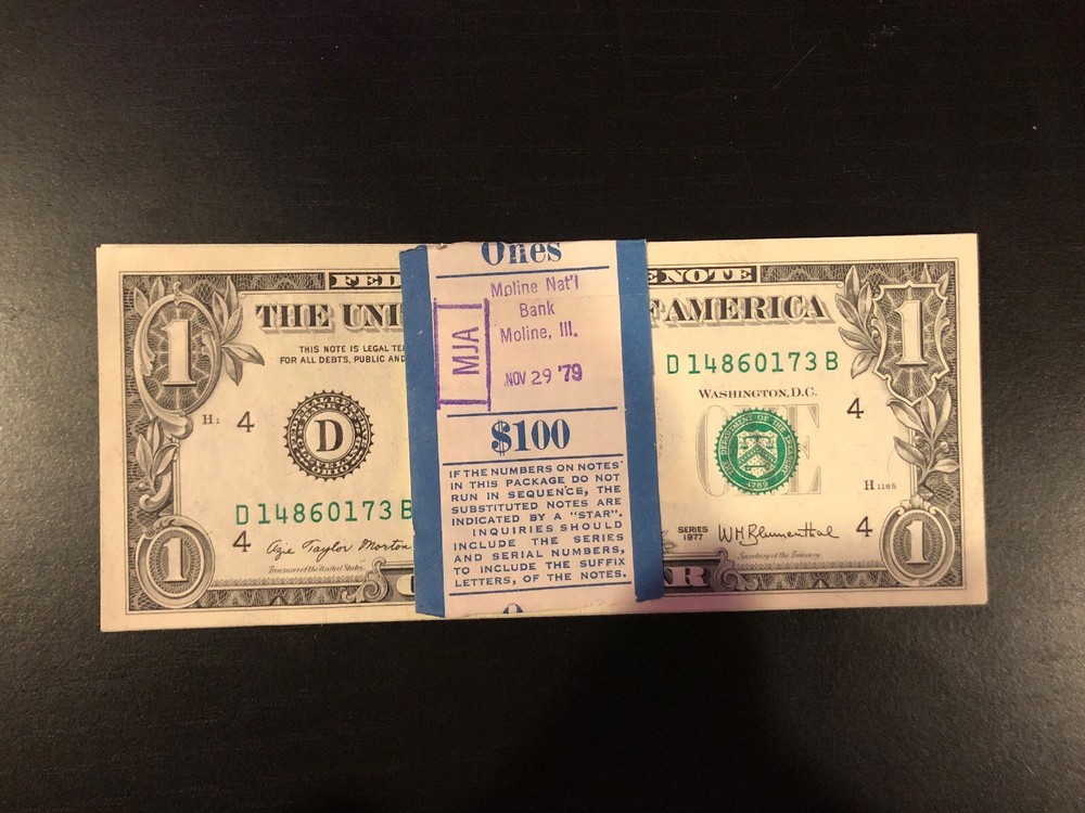1977 One Dollar ($1) Bill Uncirculated Consecutive Sequential BEP Wrap - 1 Note