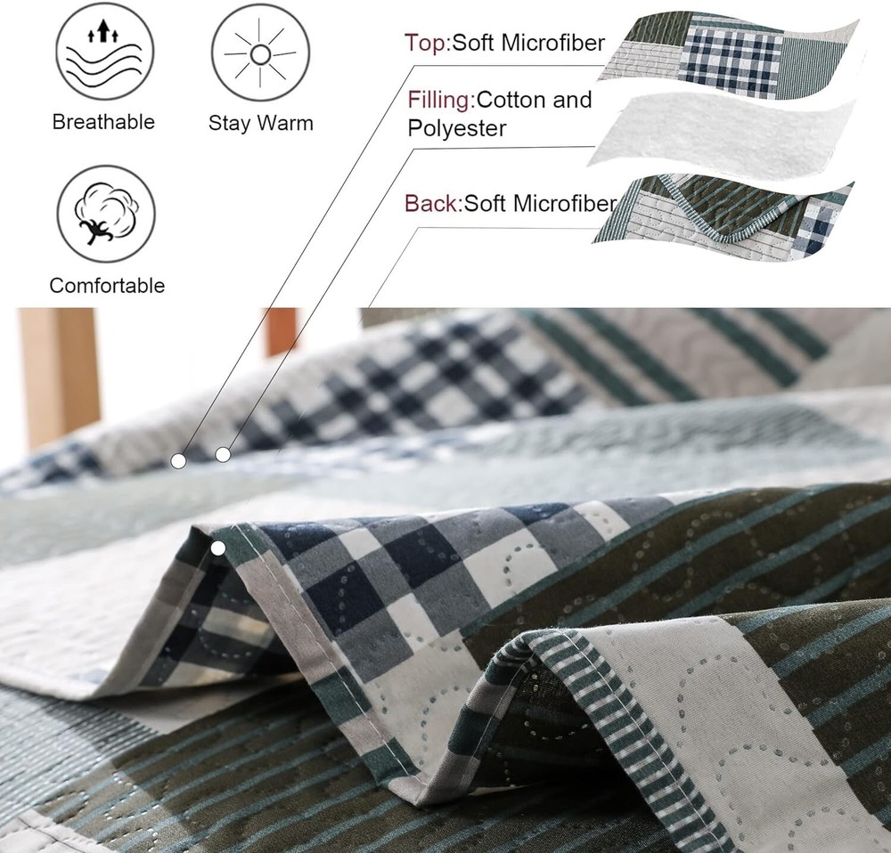 Durable Microfiber Queen Bedspread with Patchwork Design - Easy Care Bedding