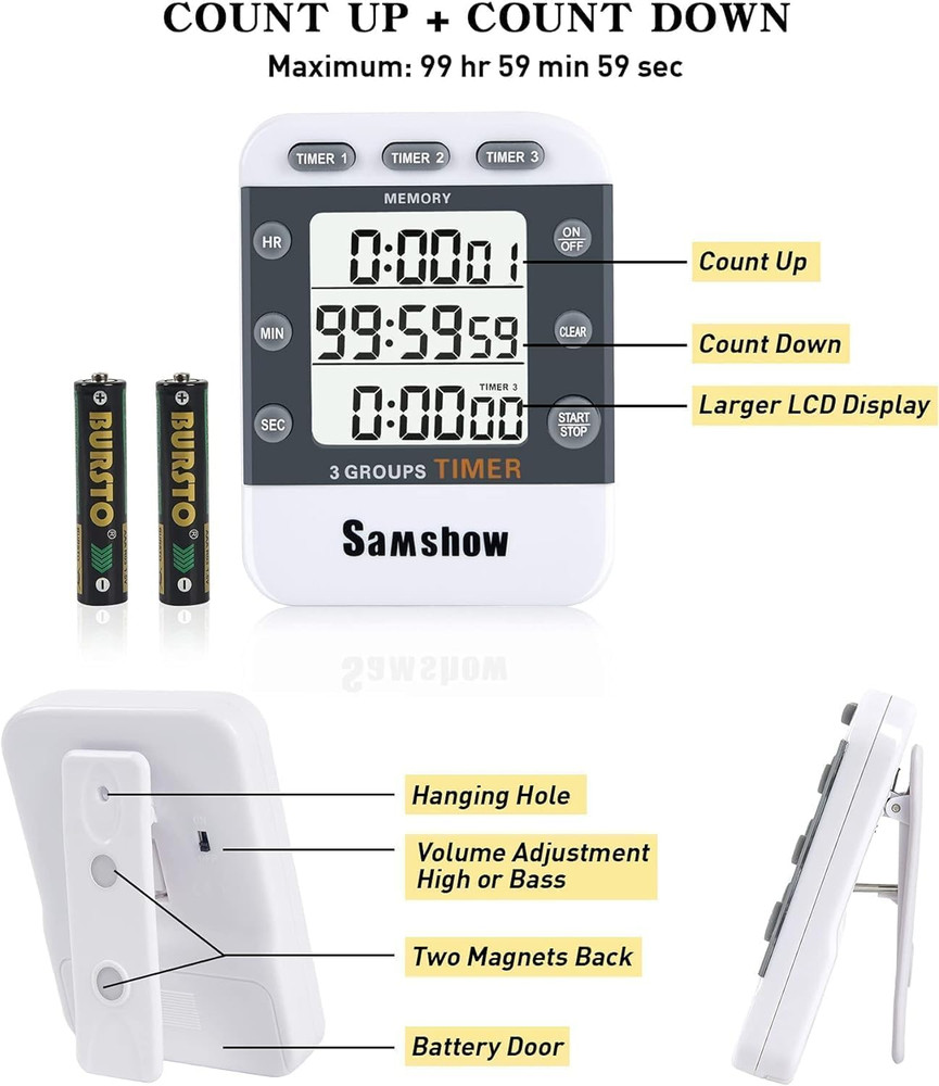 Digital Kitchen Timer Dual Timers 3 Channels Count Up/Down Cooking Timer Large D