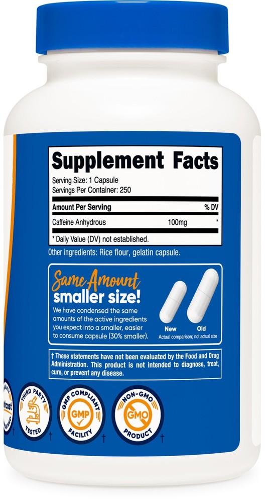 Nutricost Caffeine Pills 100mg Per Serving, 250 Capsules