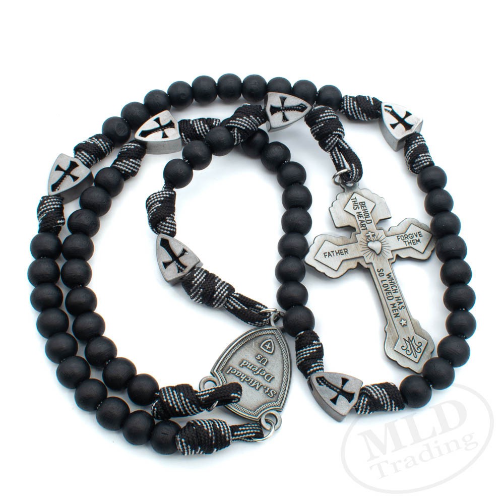 Saint St Michael Black Rosary Necklace – Large Paracord Wood Beads Design 26"