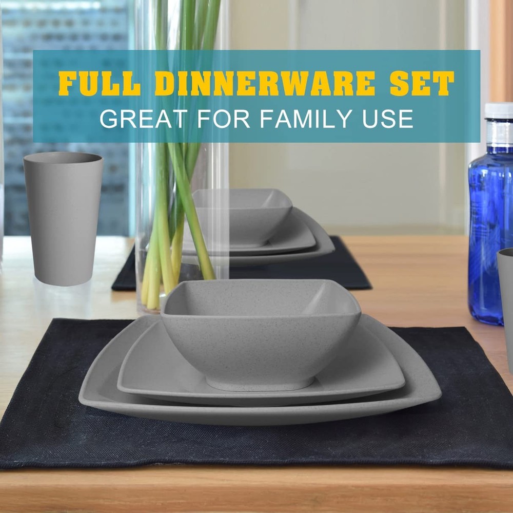 24-piece Plastic Wheat Straw Square Dinnerware Sets,for 6, Unbreakable Dinner...