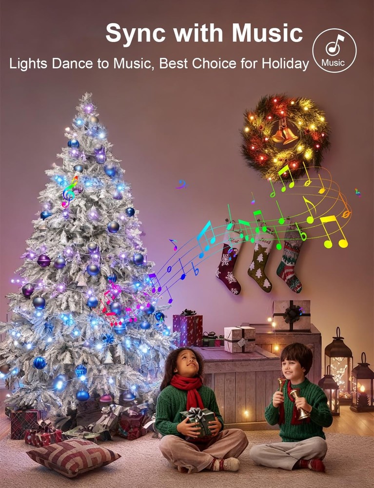 echosari Christmas String Lights, 100 LED Smart 33 Ft, 33Ft Clear Cable