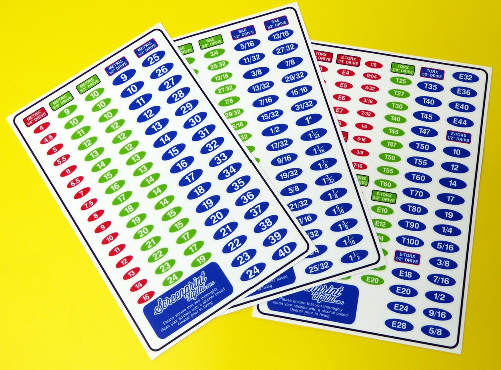 SOCKET SET IDENTIFICATION TOOL LABEL stickers METRIC, SAE,TORX DRIVE 3 sheets