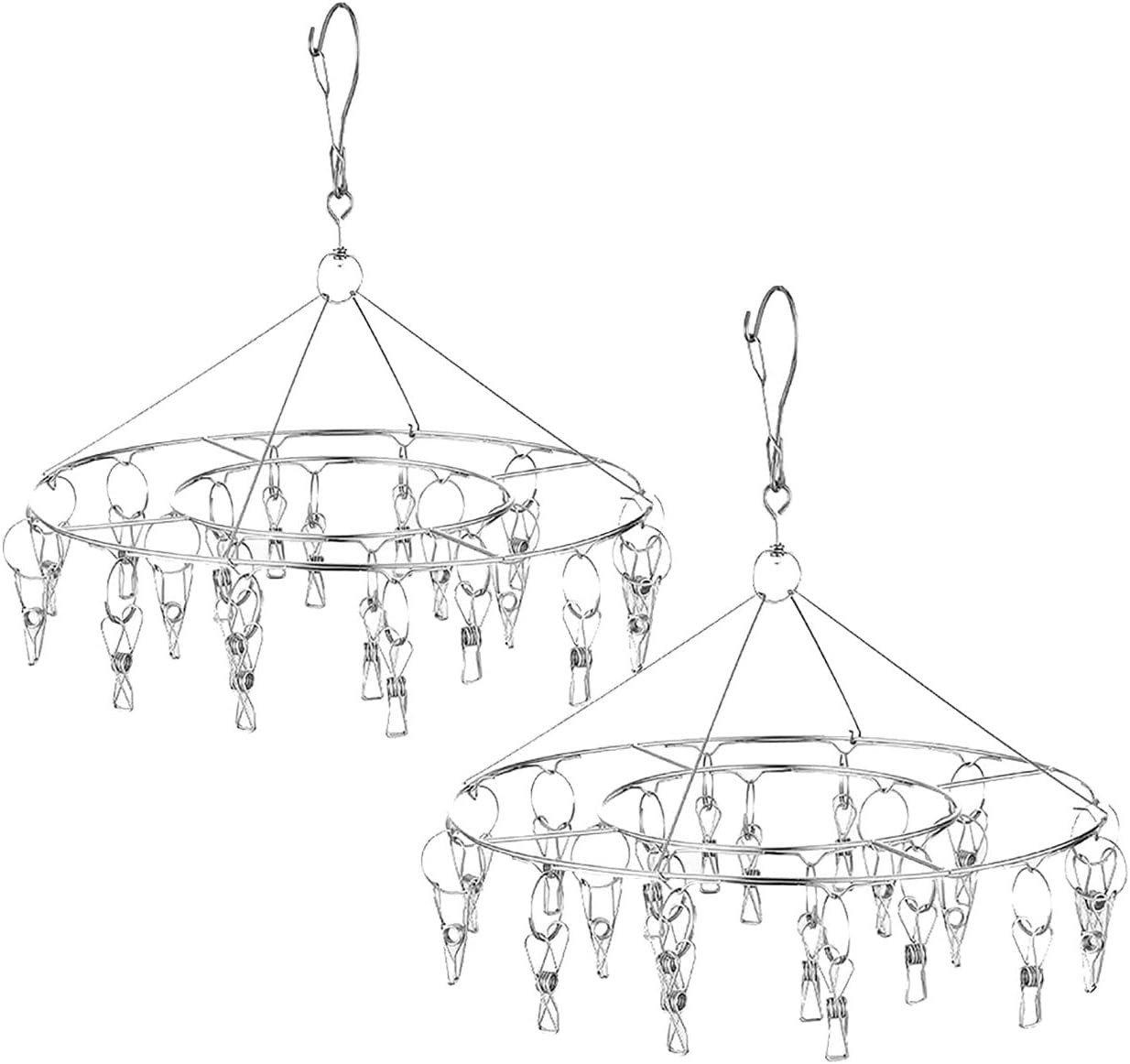 2 Pack Stainless Steel round Hanging Drying Rack with 20 Clips for Drying Socks,