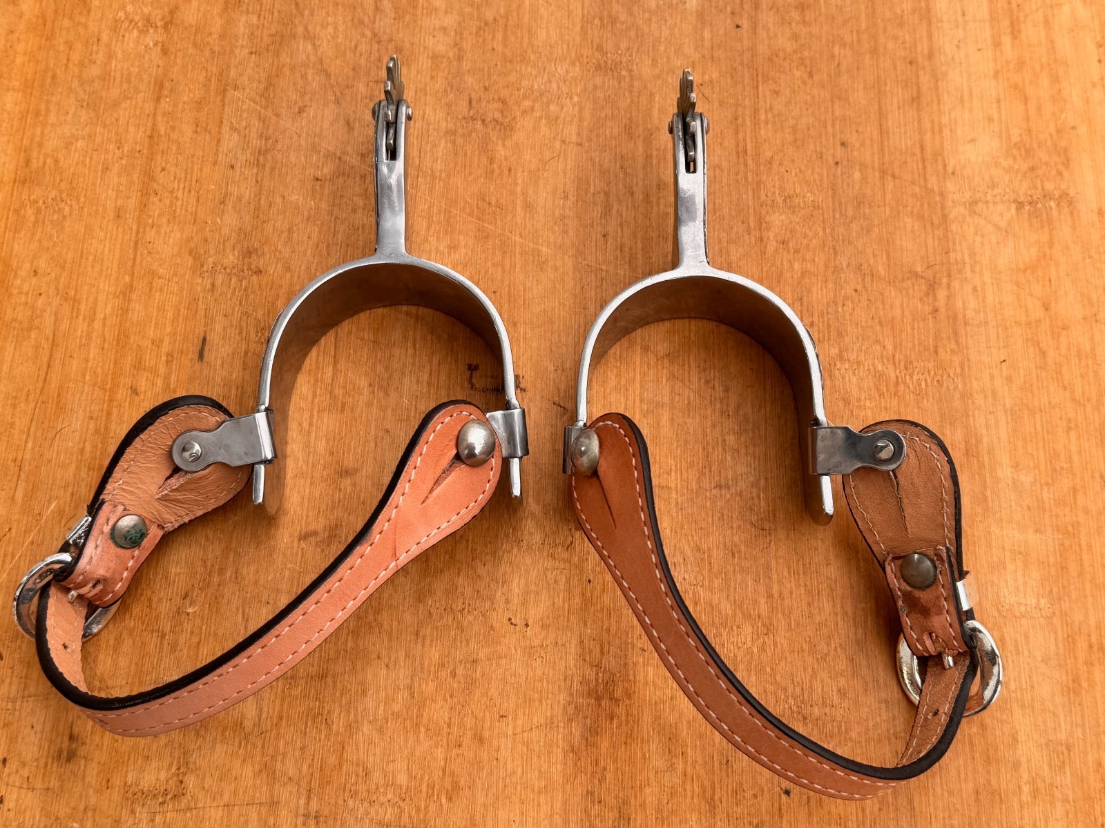 Stainless Steel Silver Mounted Western Show Spurs w Light Oil Straps