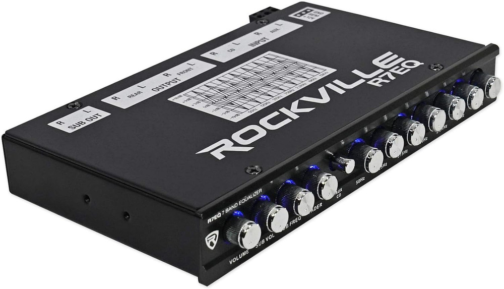 R7EQ 1/2 Din 7 Band Car Audio Equalizer, Front/Rear/Sub Outputs, Blue LED Knobs,
