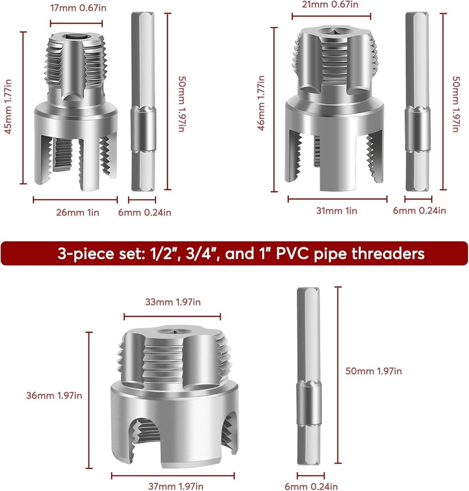 3pcs PVC Pipe Threader Kit 1 2 3 4 1 Inch Internal External Thread Tool Plumbing