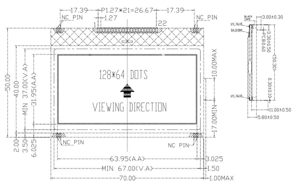 3.3V 2.8"/128x64 COG Graphic LCD Module w/Metal Pin,Tutorial, High Contrast