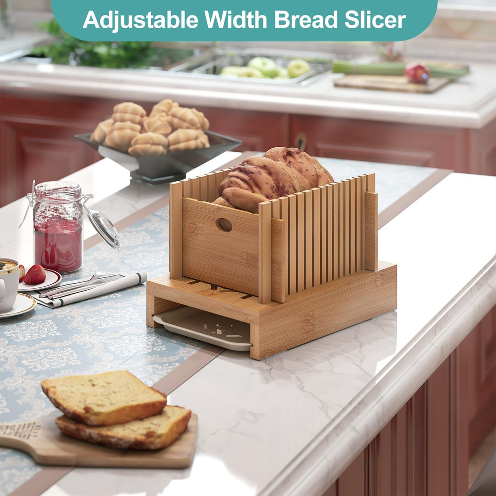 Bamboo Bread Slicer, Adjustable Width Bread Slicer for Homemade Bread, Crumb Cat