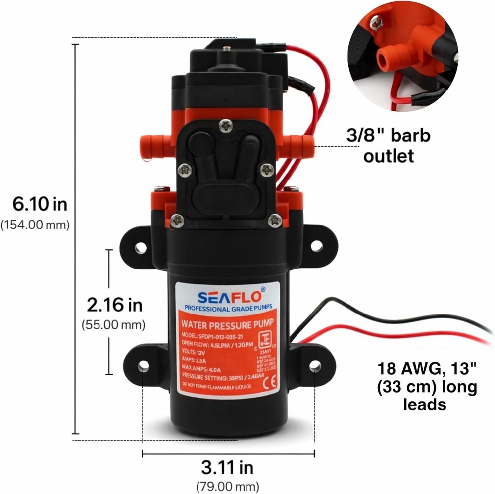 Potable Water Diaphragm Pump - 12V DC, 1.2 GPM with Adjustable Pressure Switch