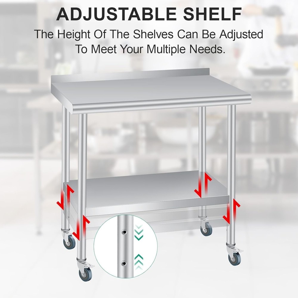 Stainless Steel Work Table with Wheels Commercial Kitchen Prep Table
