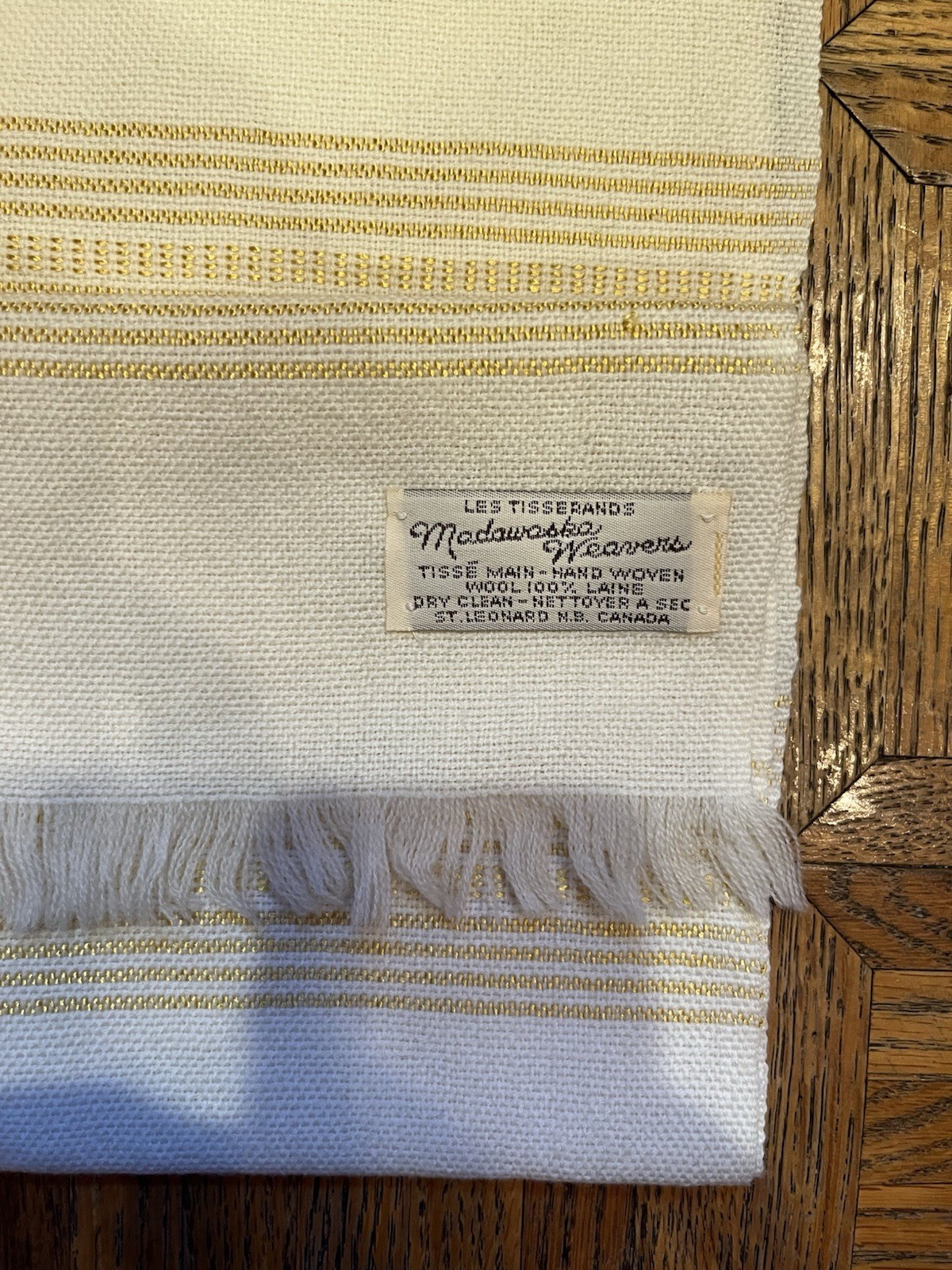 Vintage Madawaska Weavers Canada Pure Wool Hand Woven Scarf 9x42.5” Cream Gold