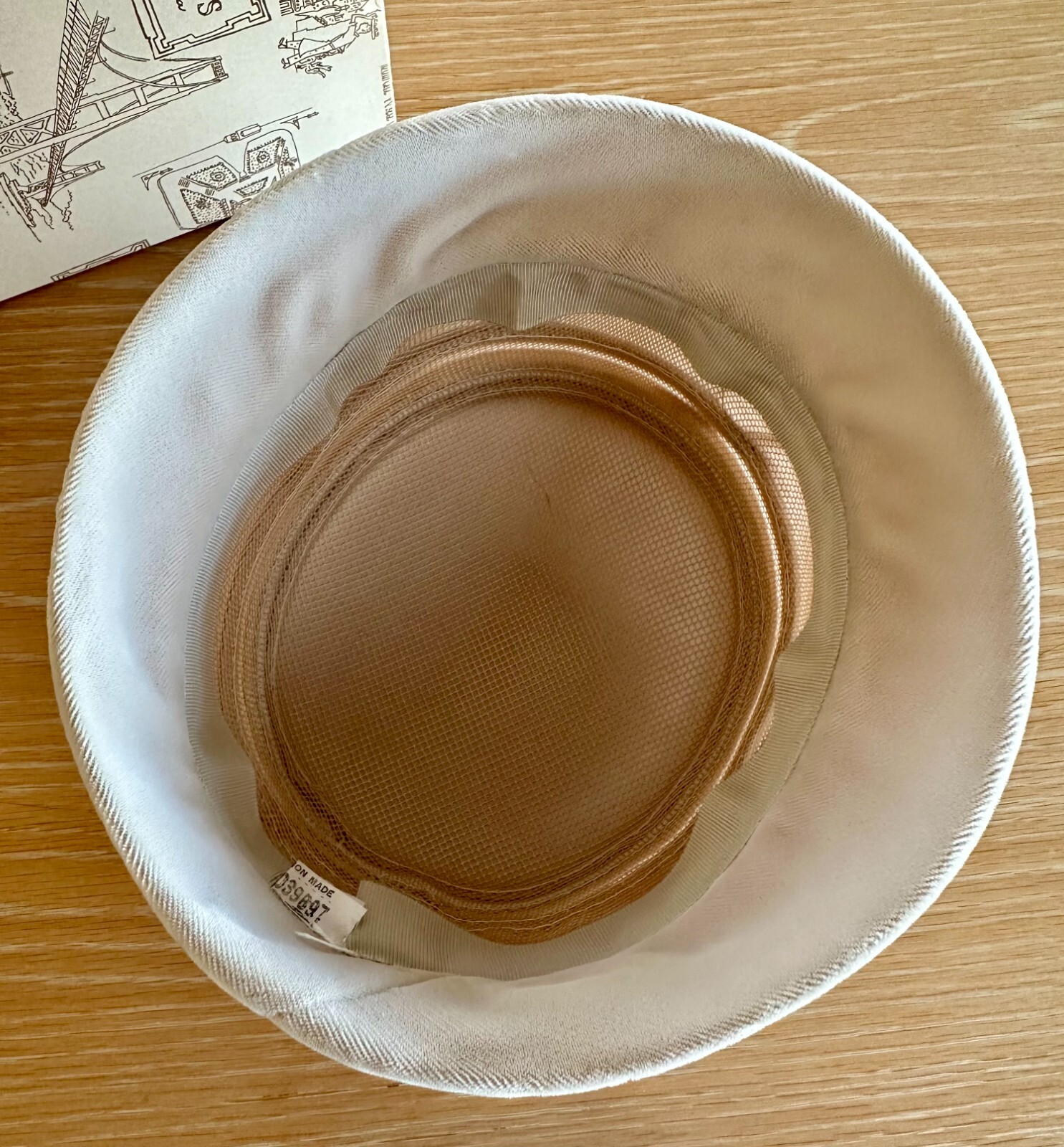 Vtg PILLBOX Hat w/ Original MACY'S Hat Box Beige Velour Tissue Sales Receipt 6"