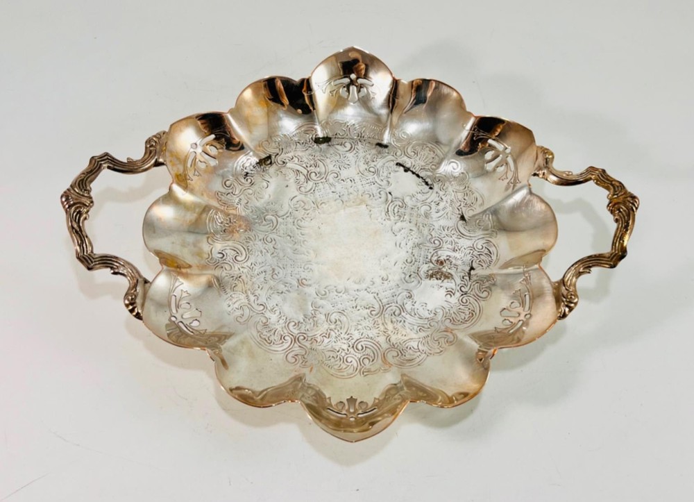 Vintage Silver Plate Ornate Candy Dish w/  Double Handle 8" x 6.5"