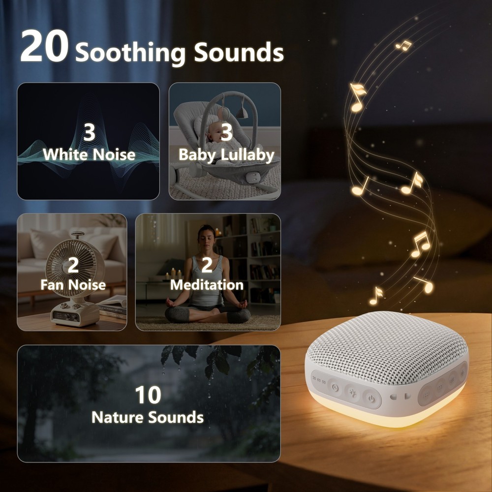 White Noise Machine with 20 Non Looping Natural Soothing Sounds Memory Function