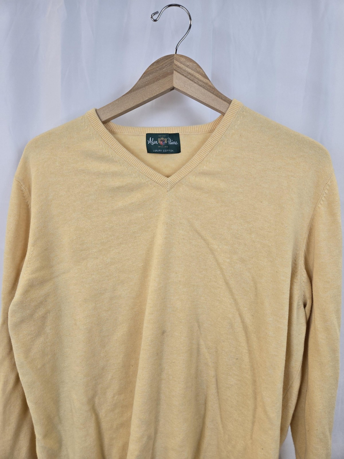 Alan Paine Sweater Mens 48 Yellow V Neck Cotton Cashmere Lightweight Knit