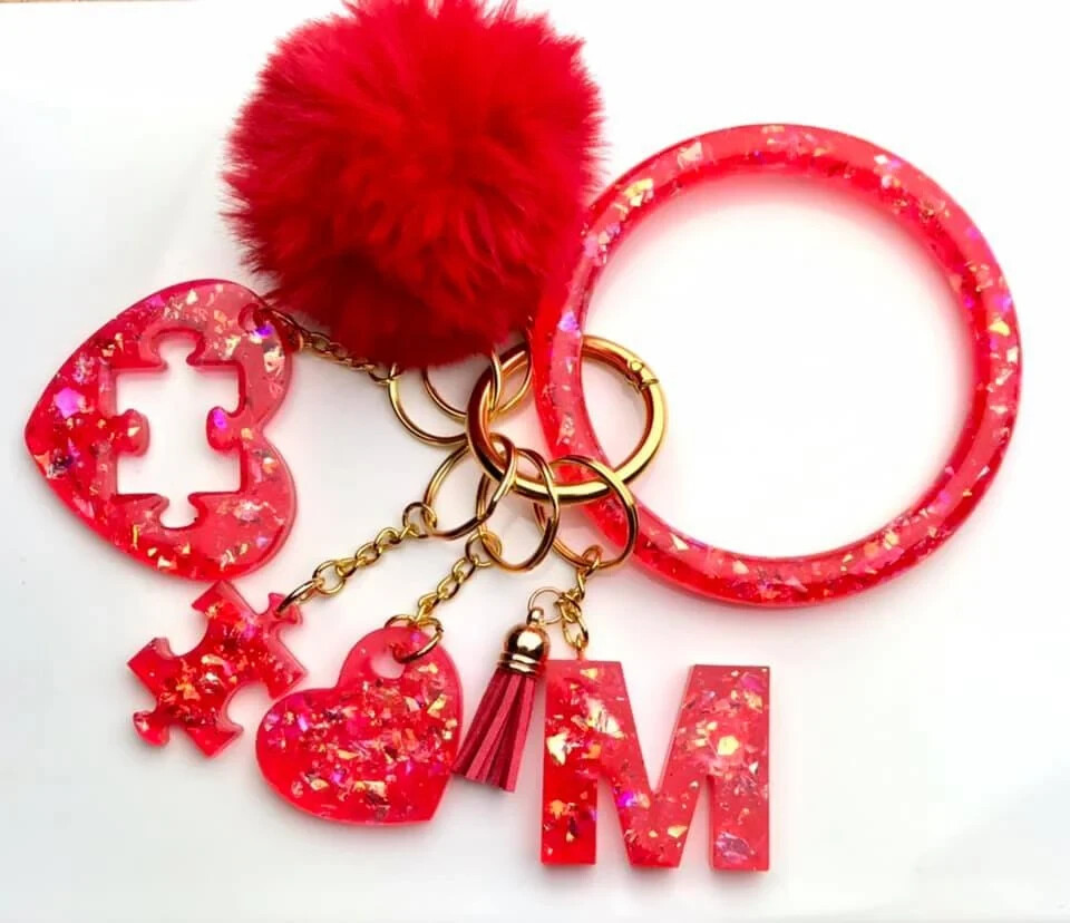 Red Glitter Flakes Resin Keychain Bracelet Set