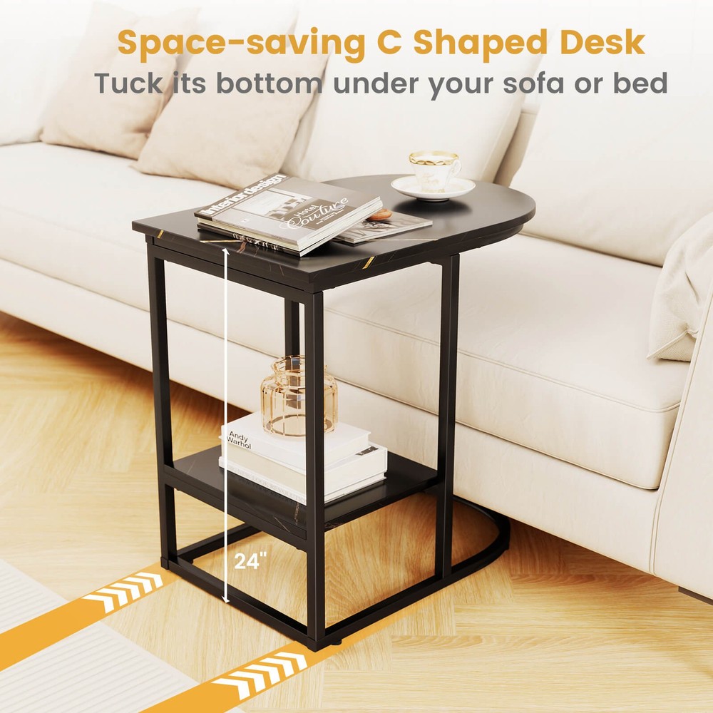 2PCS C-Shaped Side Table Compact 2-tier Storage End Table for Small Space Black