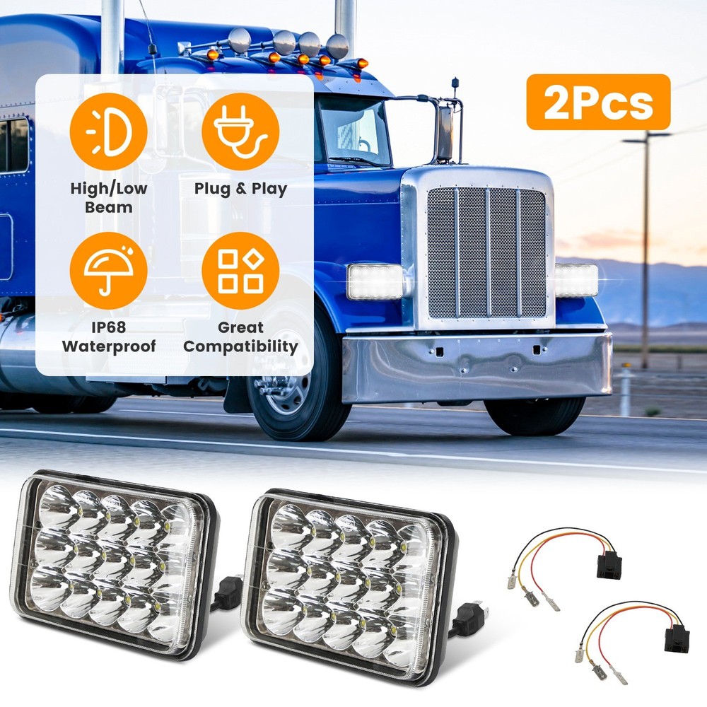 2Pcs 4x6in Car LED Headlights Vehicle Rectangular Headlamp With H4 Socket H4-