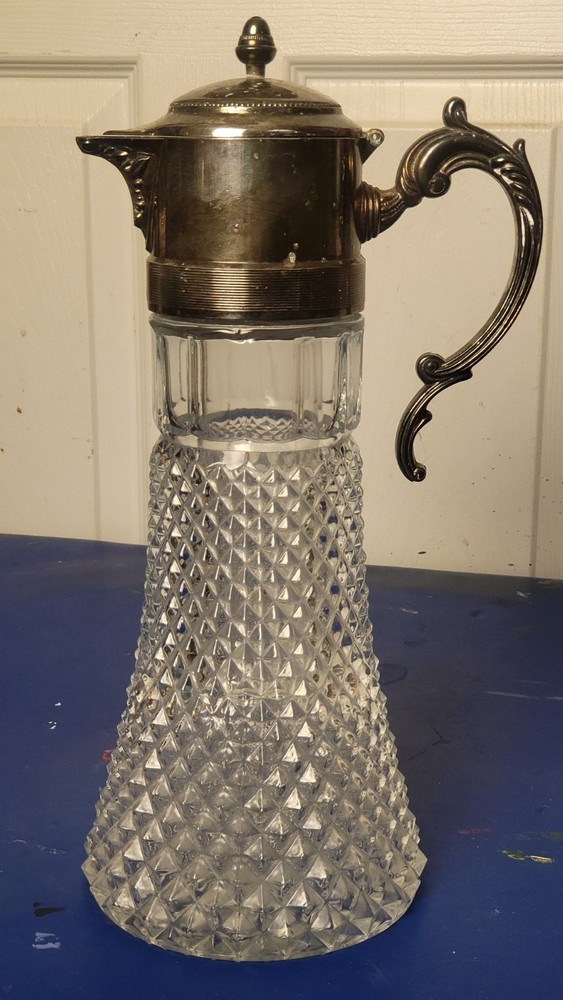 Vintage Crystal Diamond Cut Pattern Pitcher/Decanter Silverplate Hinged Lid