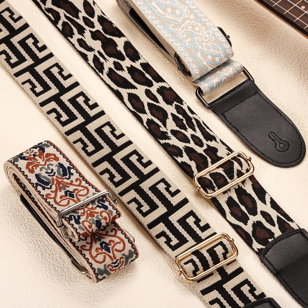 Guitar Strap Adjustable Straps with Light Gold Buckle Blue-White Pattern