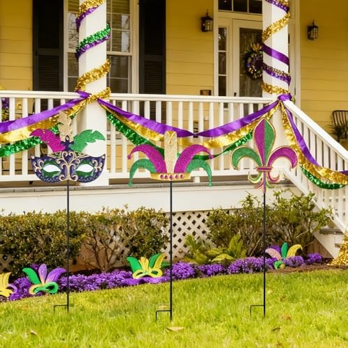 Mardi Gras Outdoor Decorations, Set of 3 Metal 36" Decorative Garden Stakes