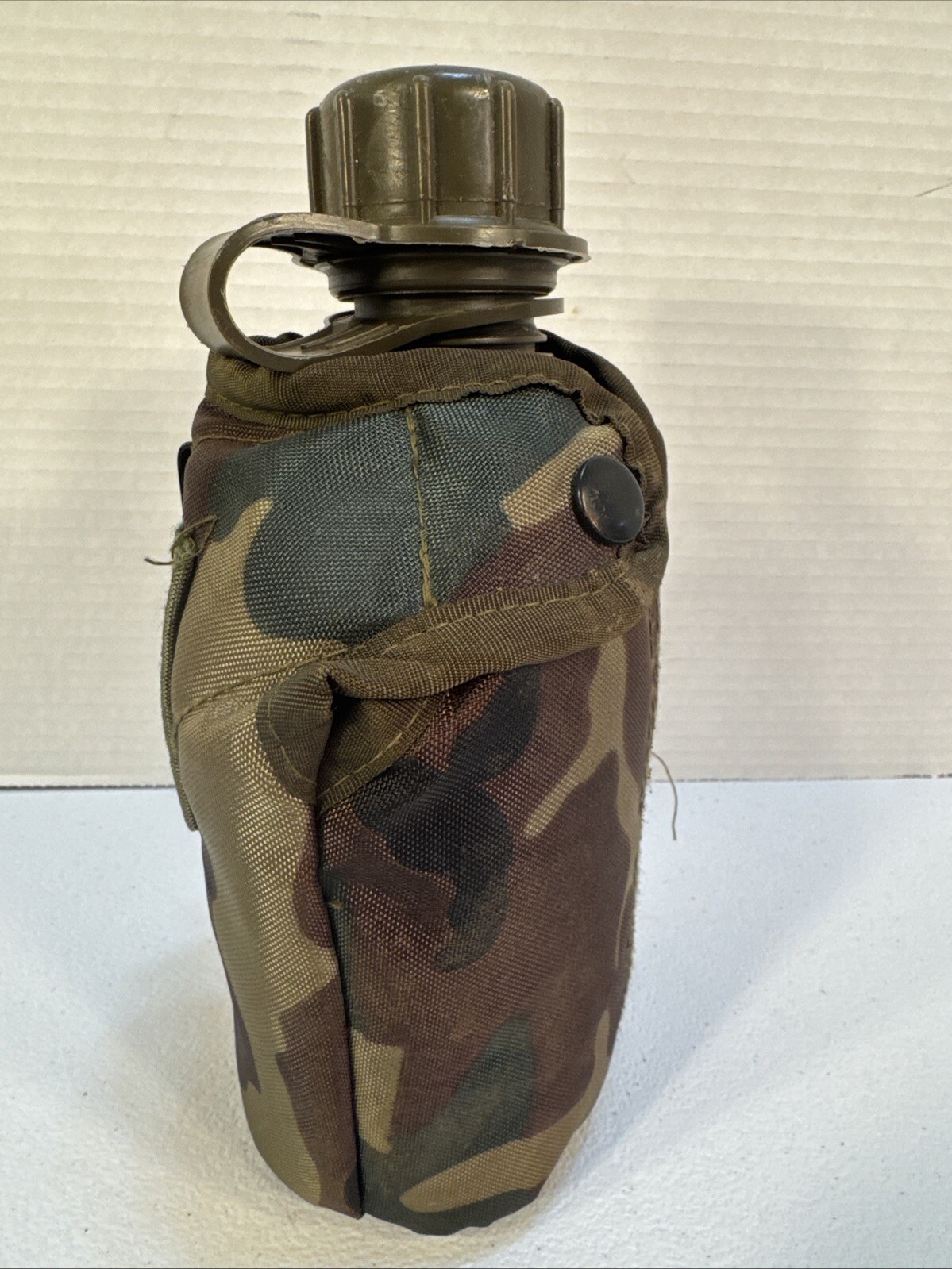 Olive Green Canteen Bottle with Camouflage Pouch Case, Used