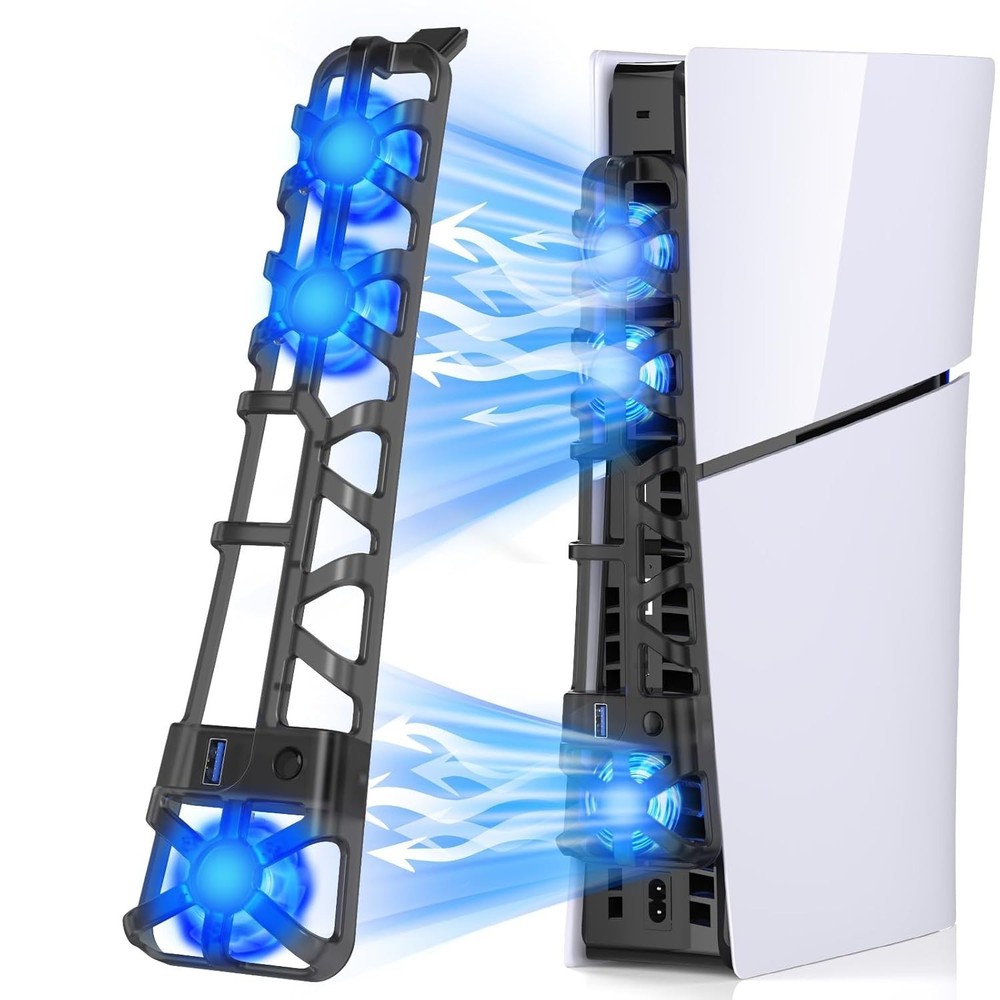 Enhanced PS5 Slim Cooling Fan - LED Light, Auto Memory Function, Compact Design
