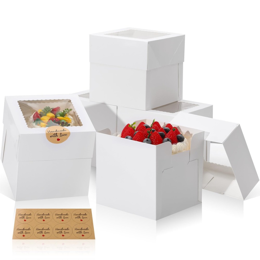 5 PCS Mini Cake Boxes With Window 6x6x6 Inch Square Bakery Container White