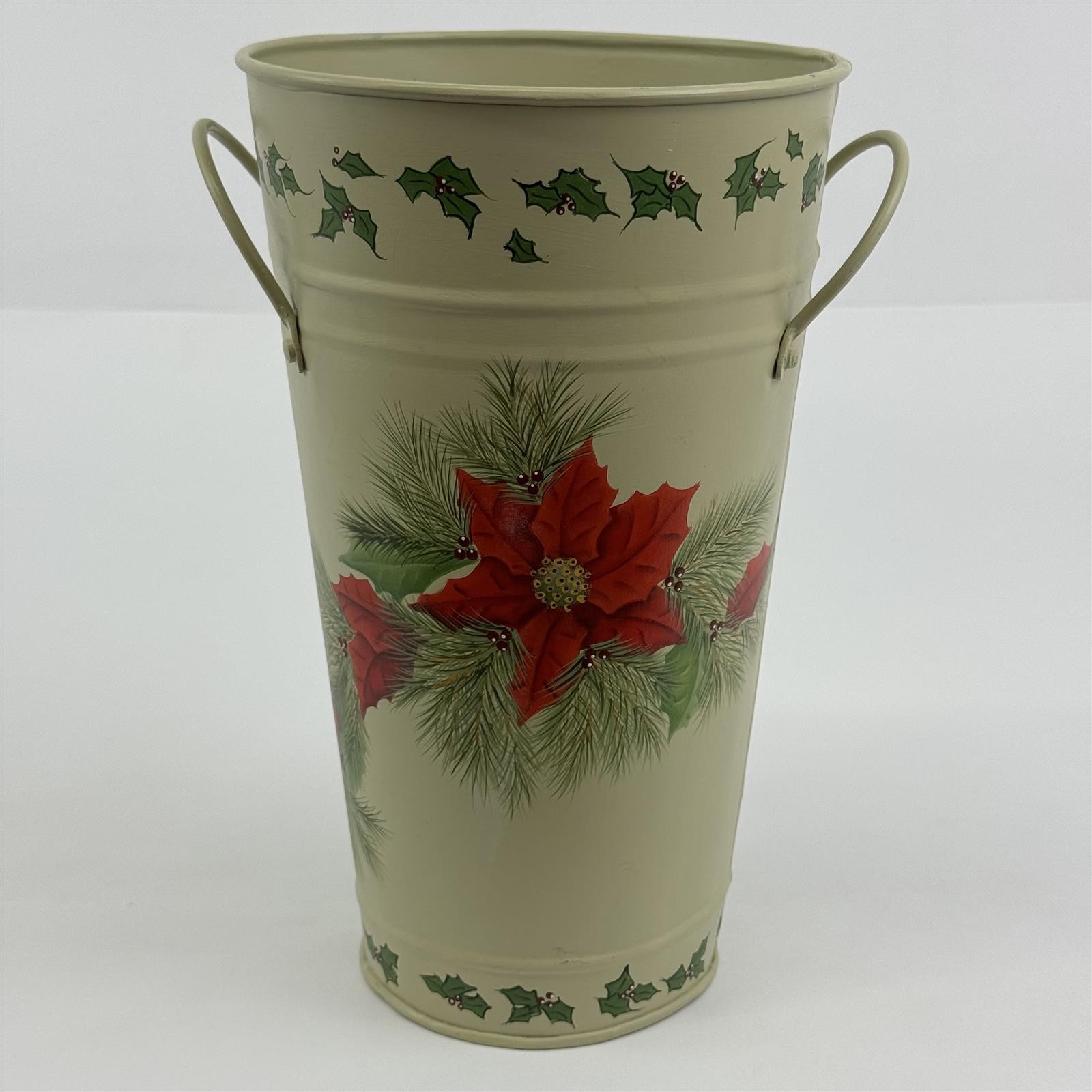 Galvanized Metal Christmas Umbrella Stand Freestanding Poinsettias And Holly