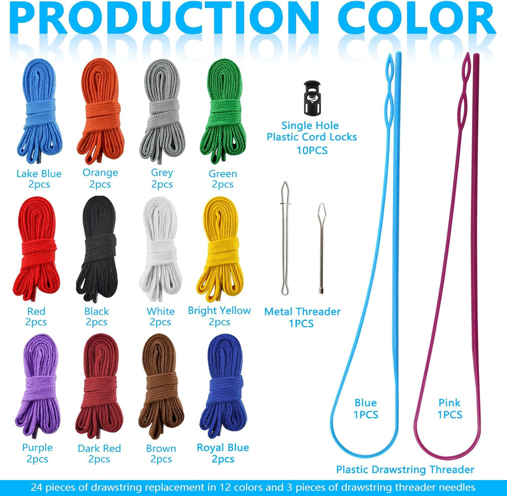 24Pcs Replacement Drawstring with Threaders for Sweatshirt Hoodie Strings Shorts