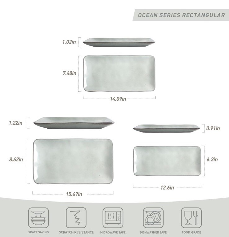 Famiware Ocean Series Rectangular Gray Stoneware 3 Piece Serving Platters Set