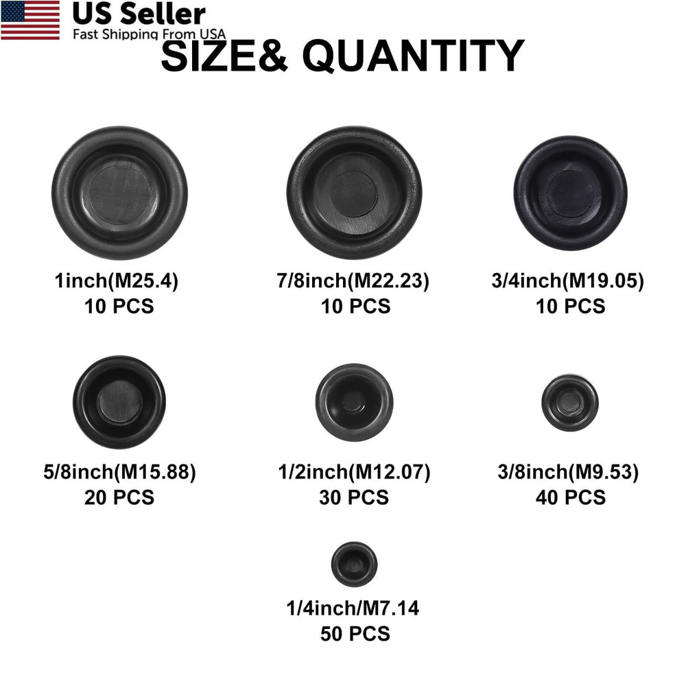 170PCS Rubber Grommet Kit - Closed Plug, Electrical Wire Black
