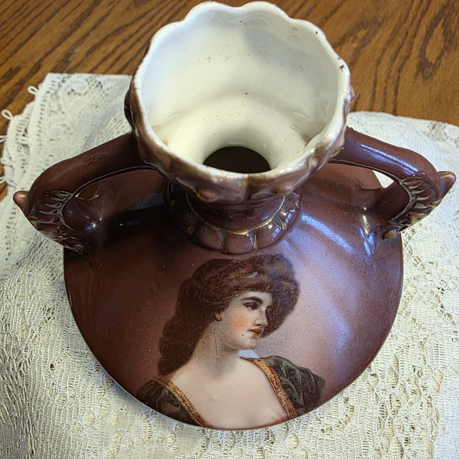 Antique Victorian Porcelain Squat Bud Vase 2 Handled Austria Portrait Vintage