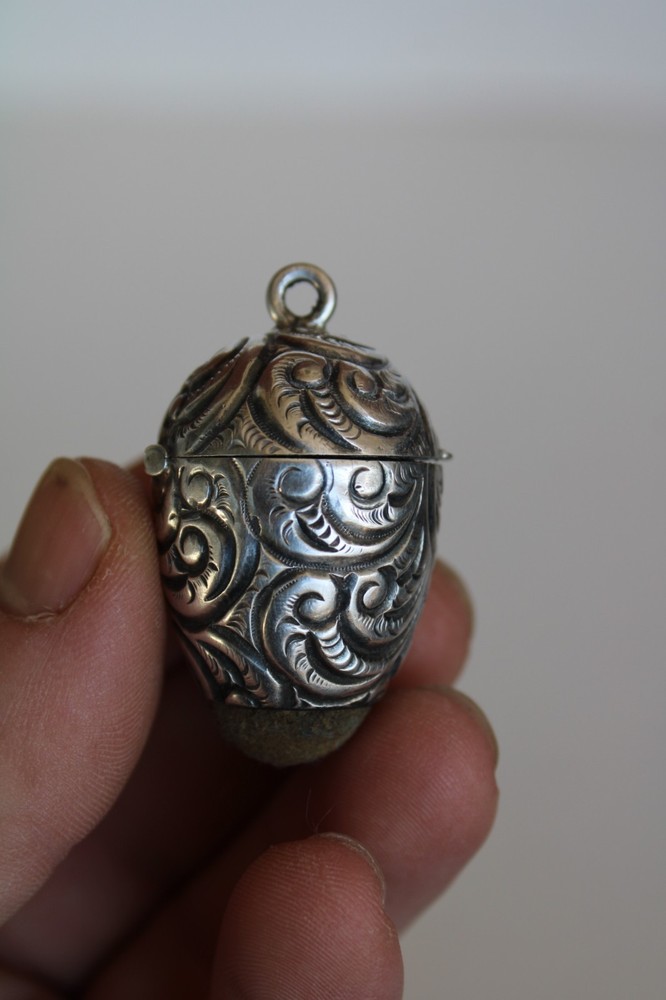 Antique Sterling Silver Repousse Sewing Chatelaine Egg Thimble Case & Pincushion