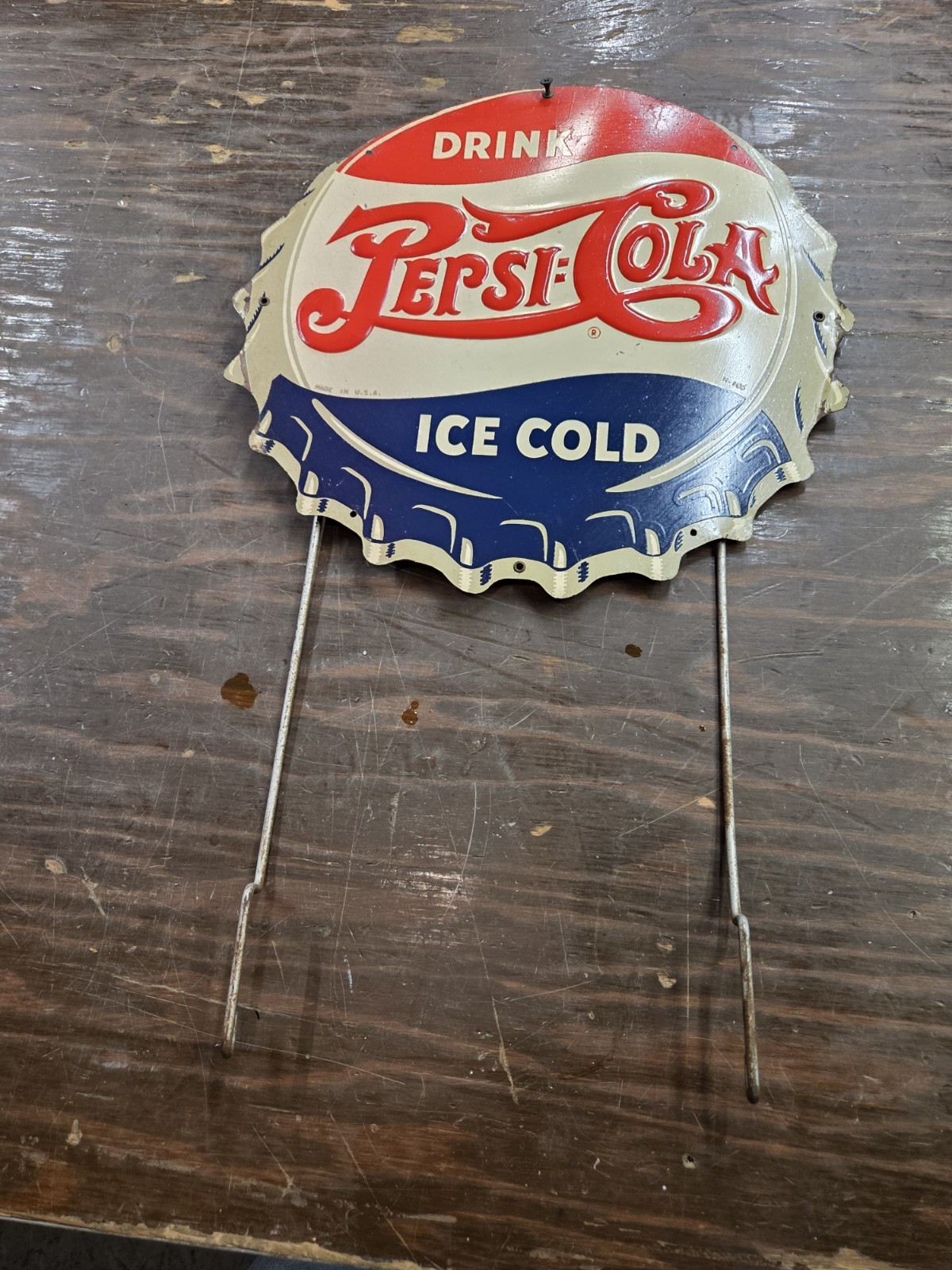 1940’s Embossed Double Dot Pepsi Cola Bottle Cap Sign Rack Topper