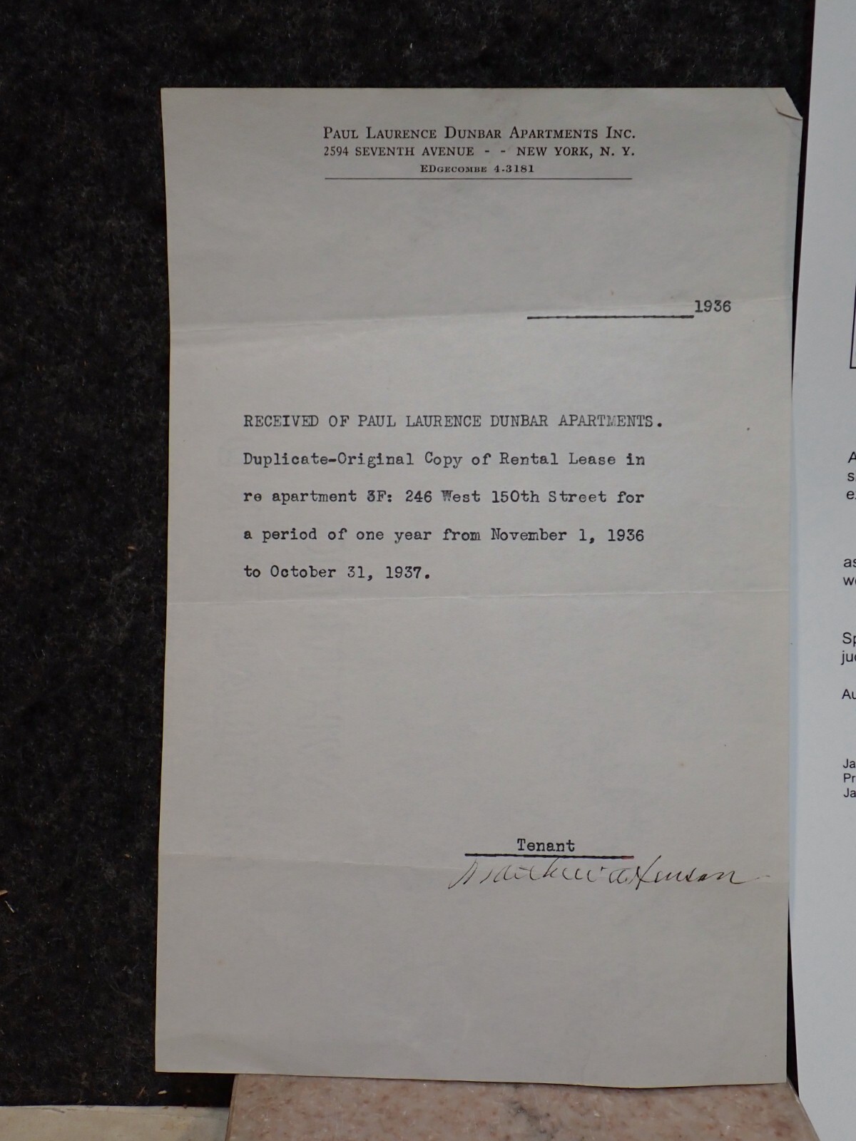 1936 MATTHEW A HENSON AFRICAN AMERICAN ARTIC POLE EXPLORER SIGNED LEASE CONTRACT